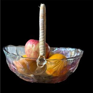 Gorgeous vintage carnival glass fruit bowl with unique bamboo handle
